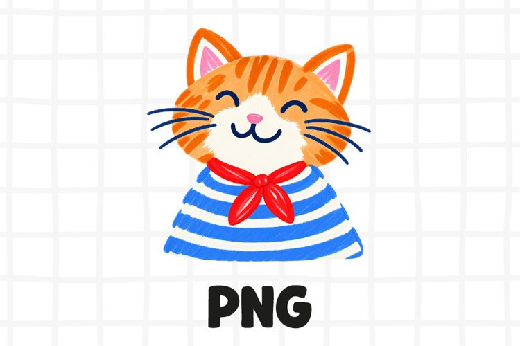 Cute Orange Cat in Sailor Stripes PNG, Nautical Cat Clipart example image 1