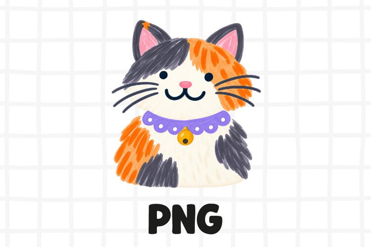 Cute Calico Cat PNG, Hand-Painted Cat Clipart with Collar example image 1