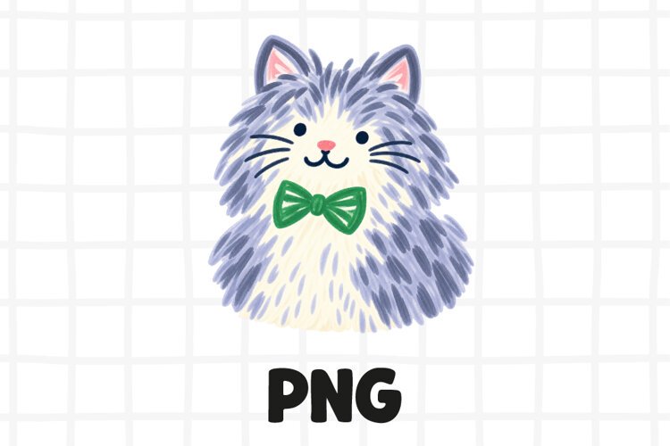 Fluffy Gray Cat PNG, Cute Cat Clipart with Green Bow Tie example image 1
