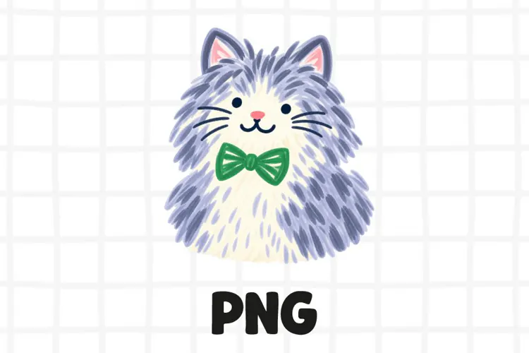Fluffy Gray Cat PNG, Cute Cat Clipart with Green Bow Tie