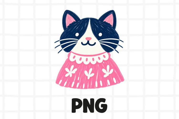 Cute Tuxedo Cat PNG, Cat Clipart in Pink Dress, Hand-Painted