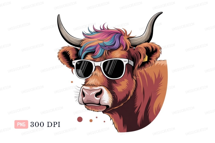 Cool cow with colorful hair and sunglasses horns