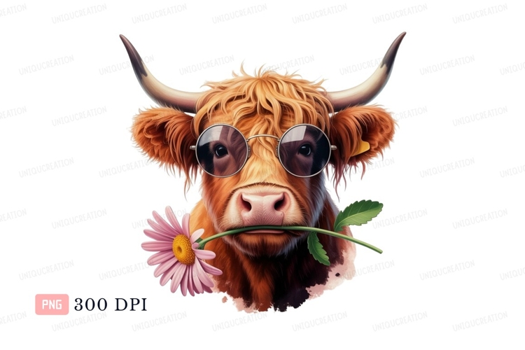 Highland cow wearing glasses holding flower pink