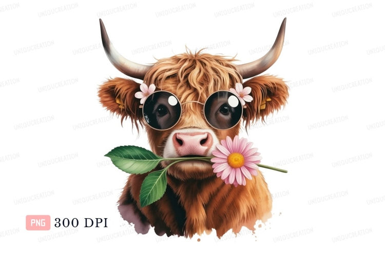 Fluffy cow with flower and sunglasses highland brown