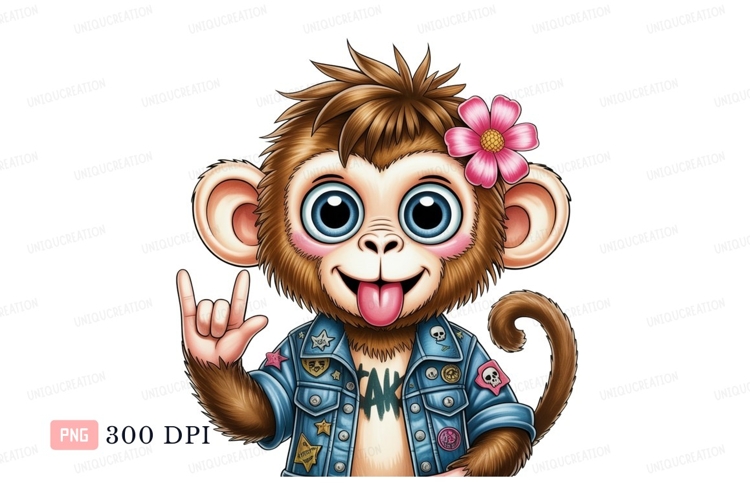 Cartoon monkey rockstar with flower denim