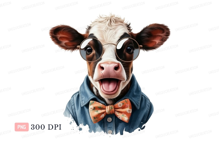 Happy cow wearing glasses and bow tie denim