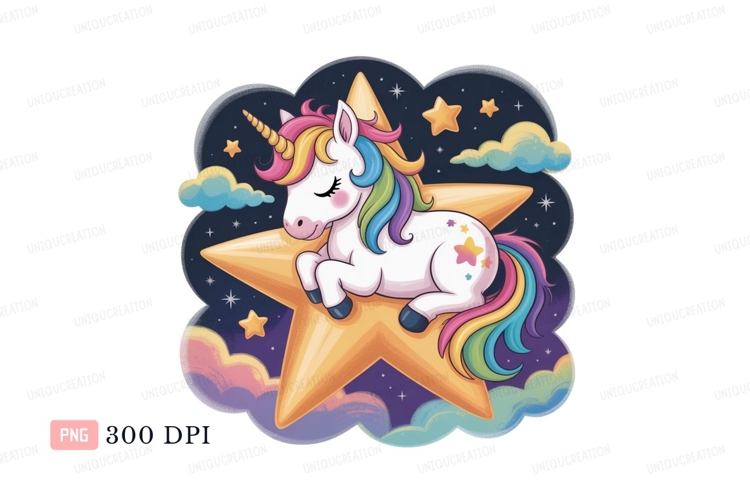 Sleeping unicorn on golden star rainbow clouds