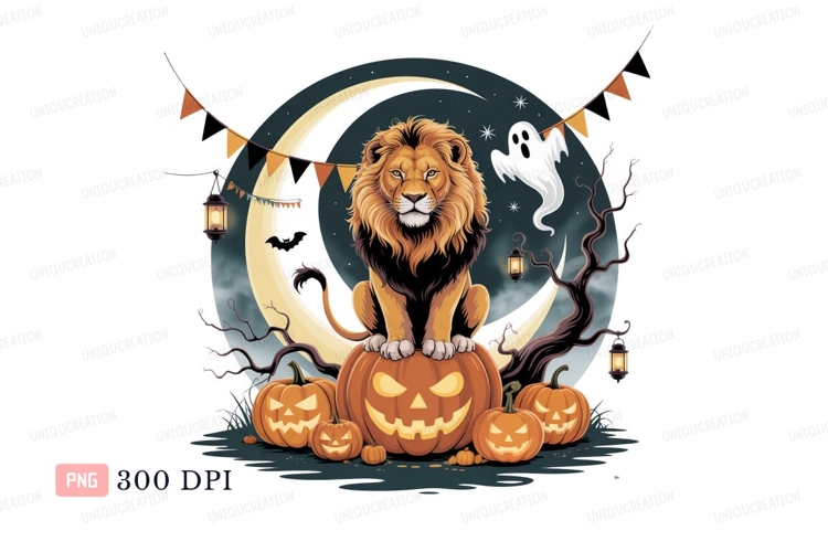 Majestic lion sits on carved pumpkins halloween ghost