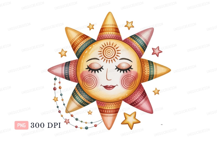 Celestial sun face with star accents stars yellow