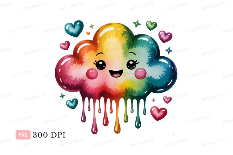 Happy rainbow cloud dripping hearts image