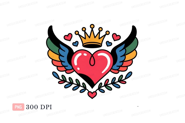 Red heart with wings and crown yellow