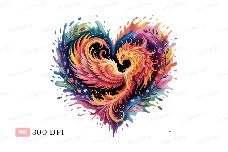Fiery phoenix heart watercolor fire wings