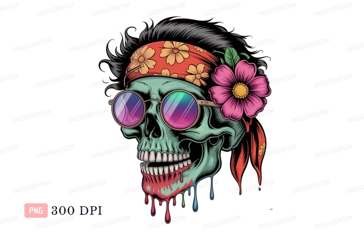 Skull with flower bandana and dripping paint glasses