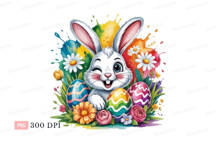 Cheerful bunny surrounded by colorful Easter eggs and flower