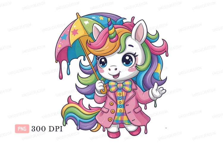 Cute unicorn holding colorful umbrella rainbow pink