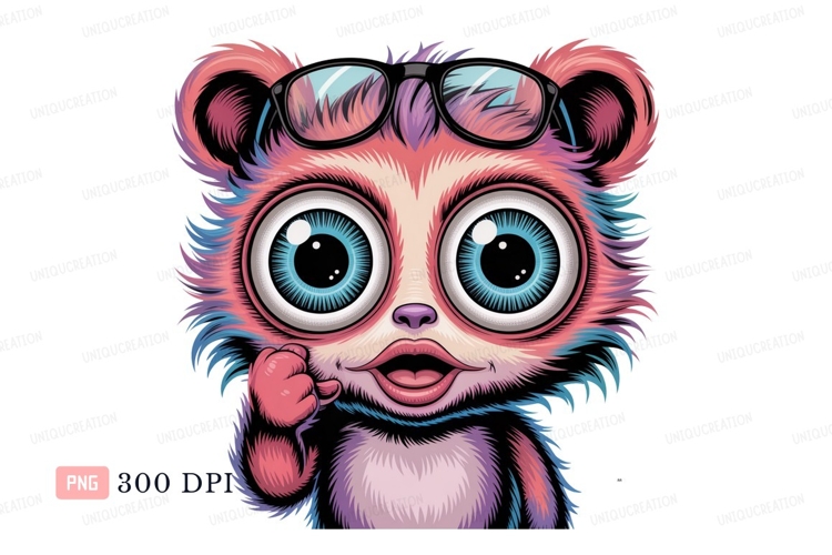 Fluffy creature with big eyes and glasses blue