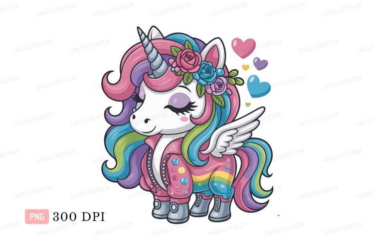 Cute unicorn with rainbow mane and wings hearts