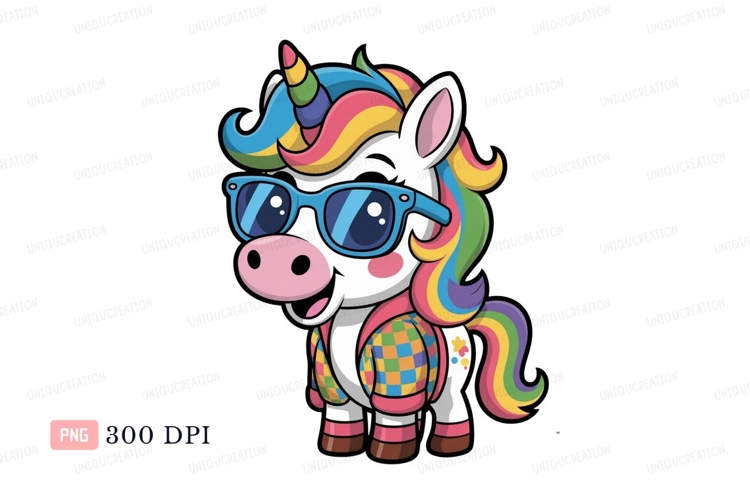 Cool unicorn wearing sunglasses and jacket rainbow