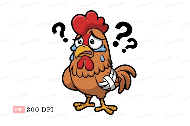 Sad injured chicken with bandages crying bandaged