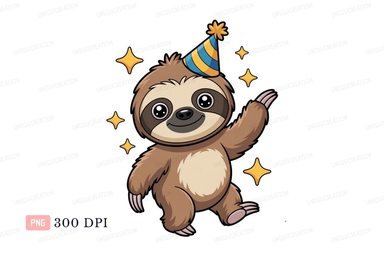 Happy sloth wearing party hat animal celebration