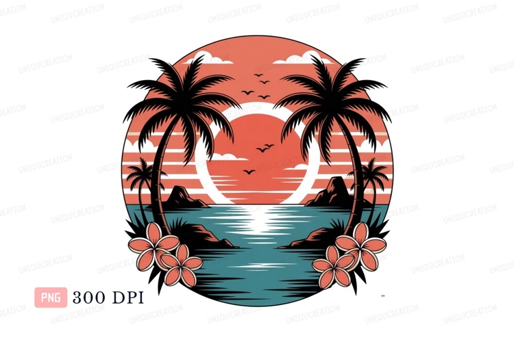 Tropical sunset ocean palms flowers image