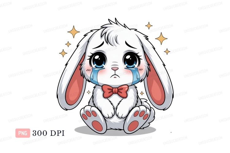 Sad bunny with bow tie crying tears