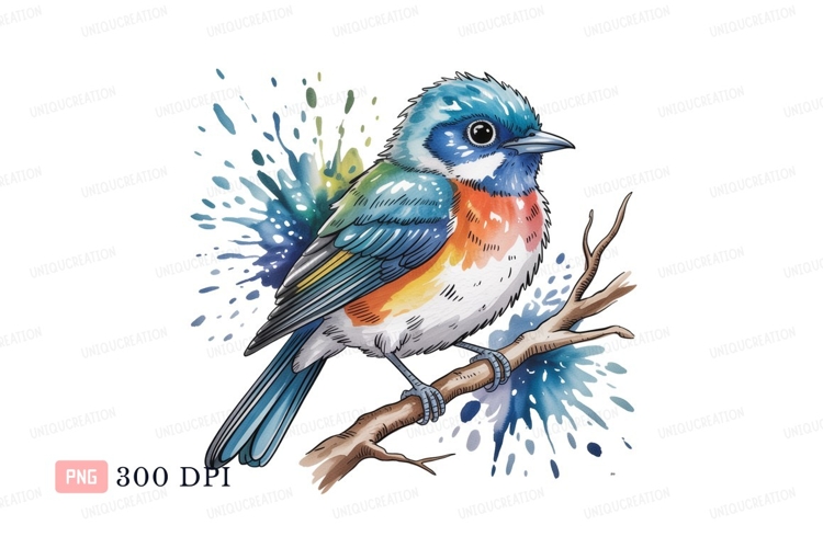 Colorful bird perched on branch blue orange