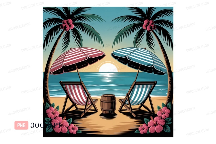 Tropical beach chairs and umbrellas at sunset ocean