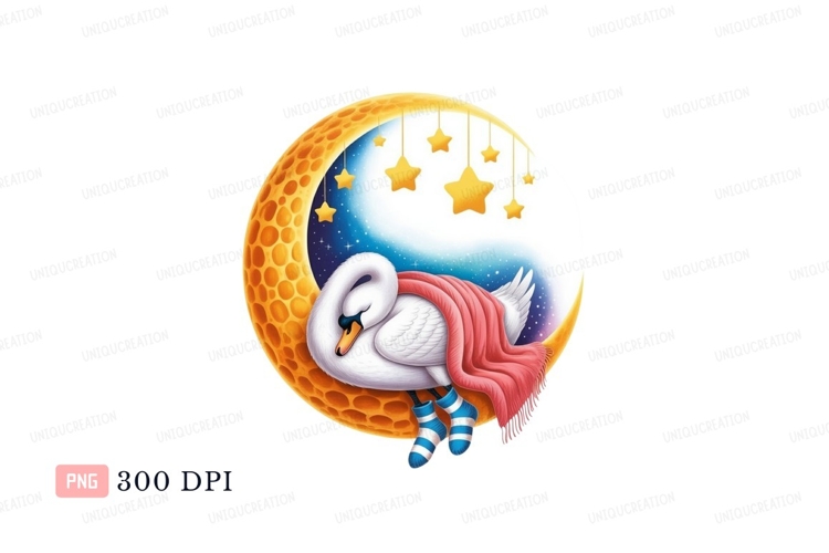 Sleeping swan with pink blanket and striped socks on moon