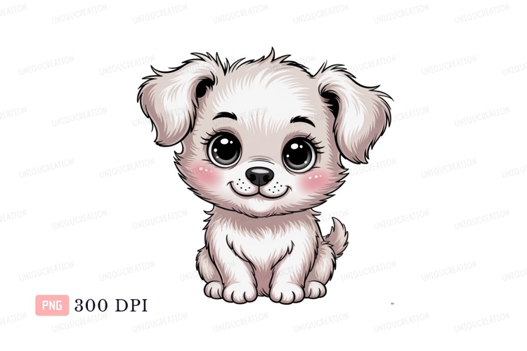 Fluffy white puppy with big eyes cute