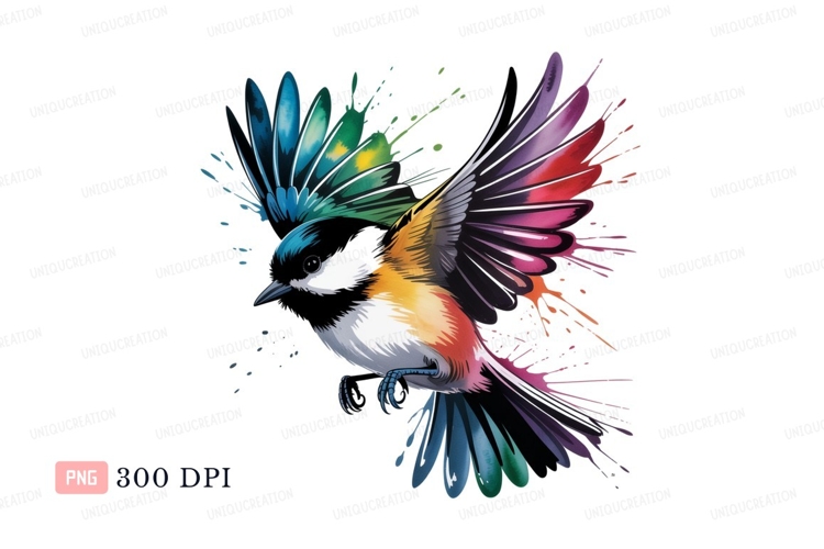 Colorful bird splashing paint wings flight