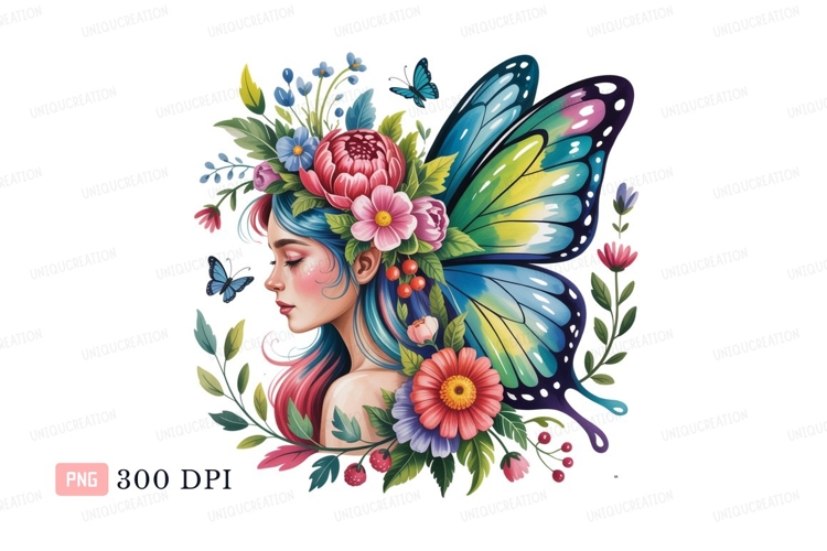 Fairy woman colorful wings floral crown butterfly