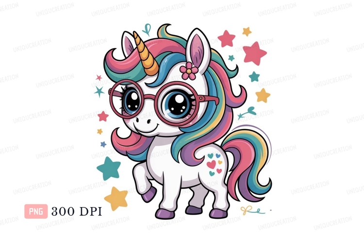 Cute unicorn with rainbow mane and glasses tail