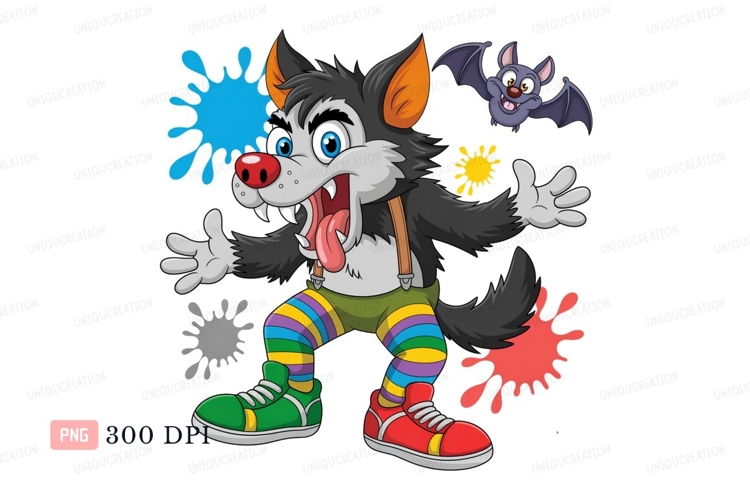 Cartoon wolf bat colorful splashes clipart halloween