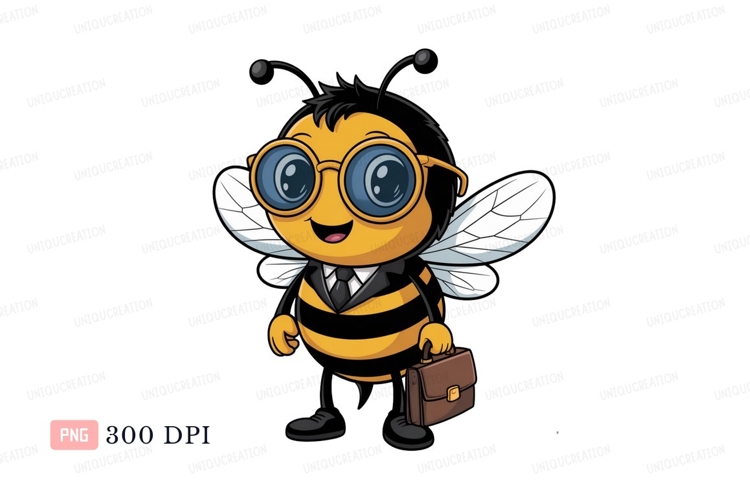 Cartoon bee wearing glasses and suit holding briefcase