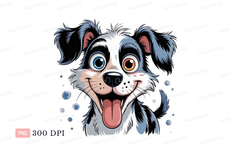 Happy dog with blue and orange eyes playful cartoon