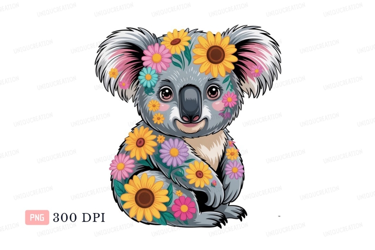 Gray koala adorned with colorful flowers yellow pink