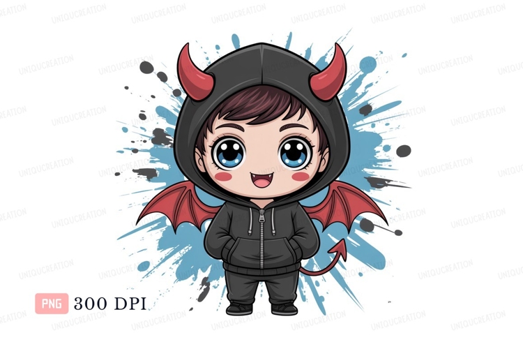 Chibi devil with blue eyes and red horns cute cartoon