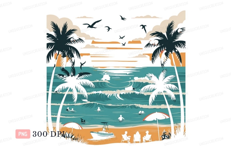 Tropical beach vacation scene with palm trees and ocean