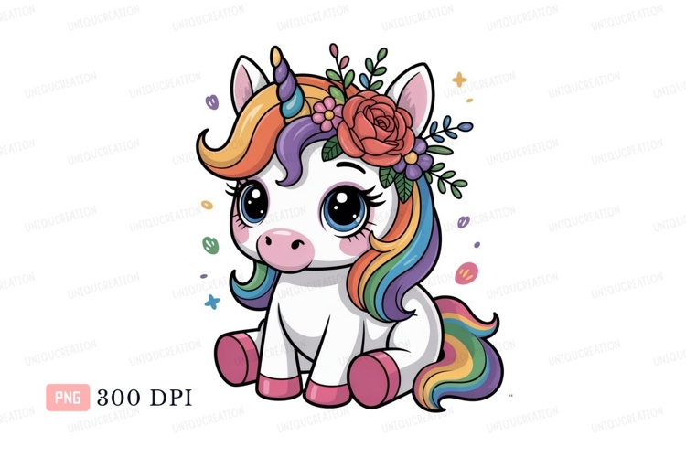 Cute rainbow unicorn with floral crown image