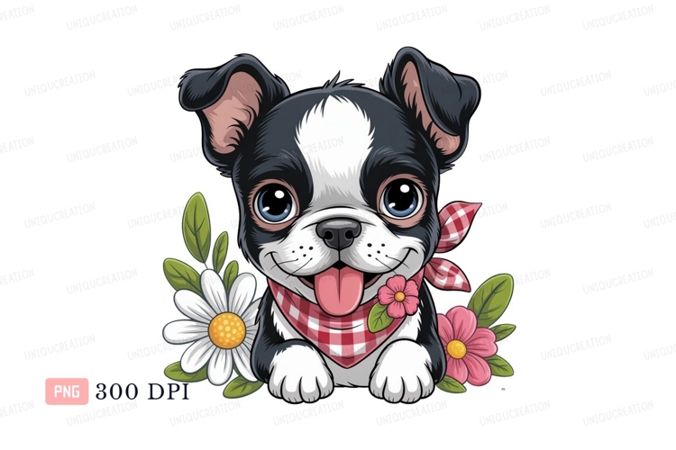 Cute boston terrier puppy with flowers image
