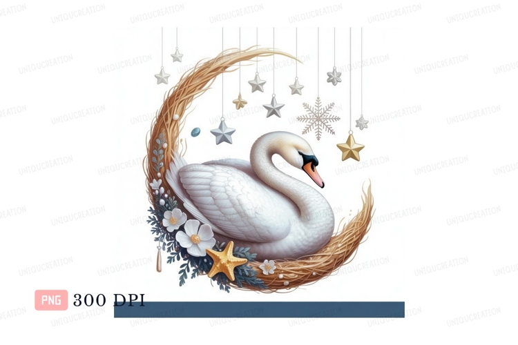 Elegant white swan resting on crescent moon with festive orn