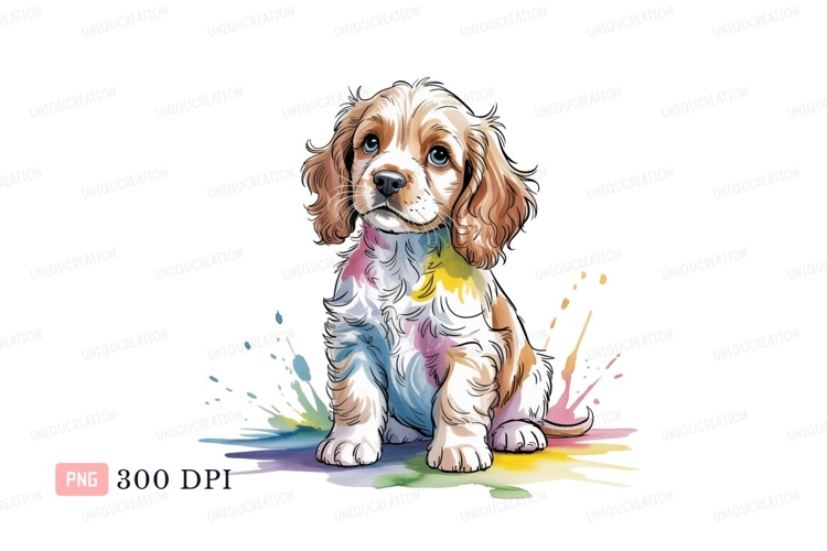Adorable puppy with colorful paint splashes canine