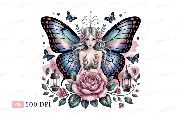 Fairy butterfly woman pink rose lanterns wings
