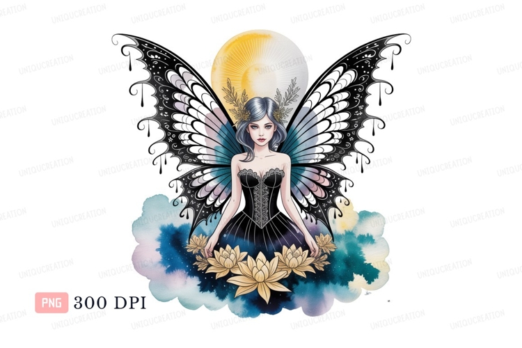 Ethereal fairy adorned with golden lotus flowers wings