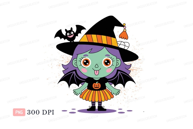 Cute green witch with purple hair and bat wings halloween