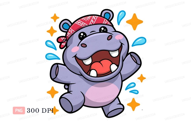 Happy purple hippopotamus wearing bandana blue example image 1