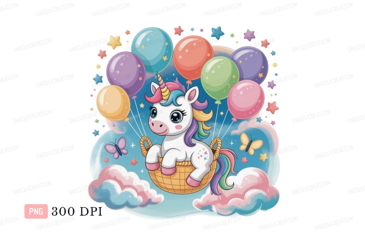Whimsical unicorn floating with balloons basket butterfly