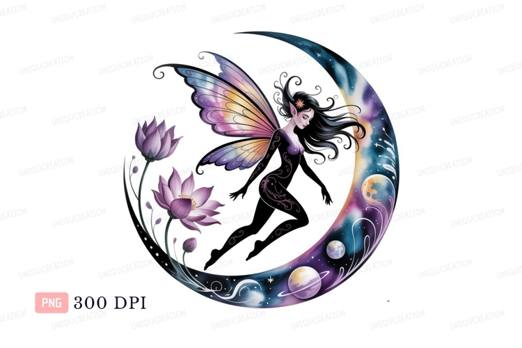 Celestial fairy with lotus flowers and moon image