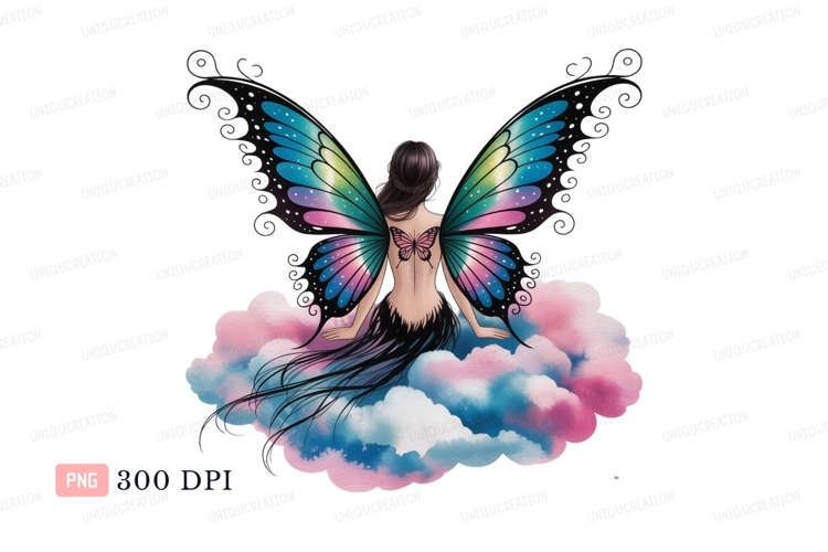 Woman with butterfly wings on clouds pink